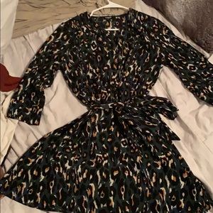 Green leopard print business casual dress